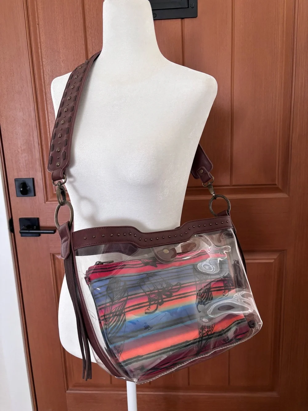 Clear Crossbody Shoulder Bag with Multicolor Insert - Brown